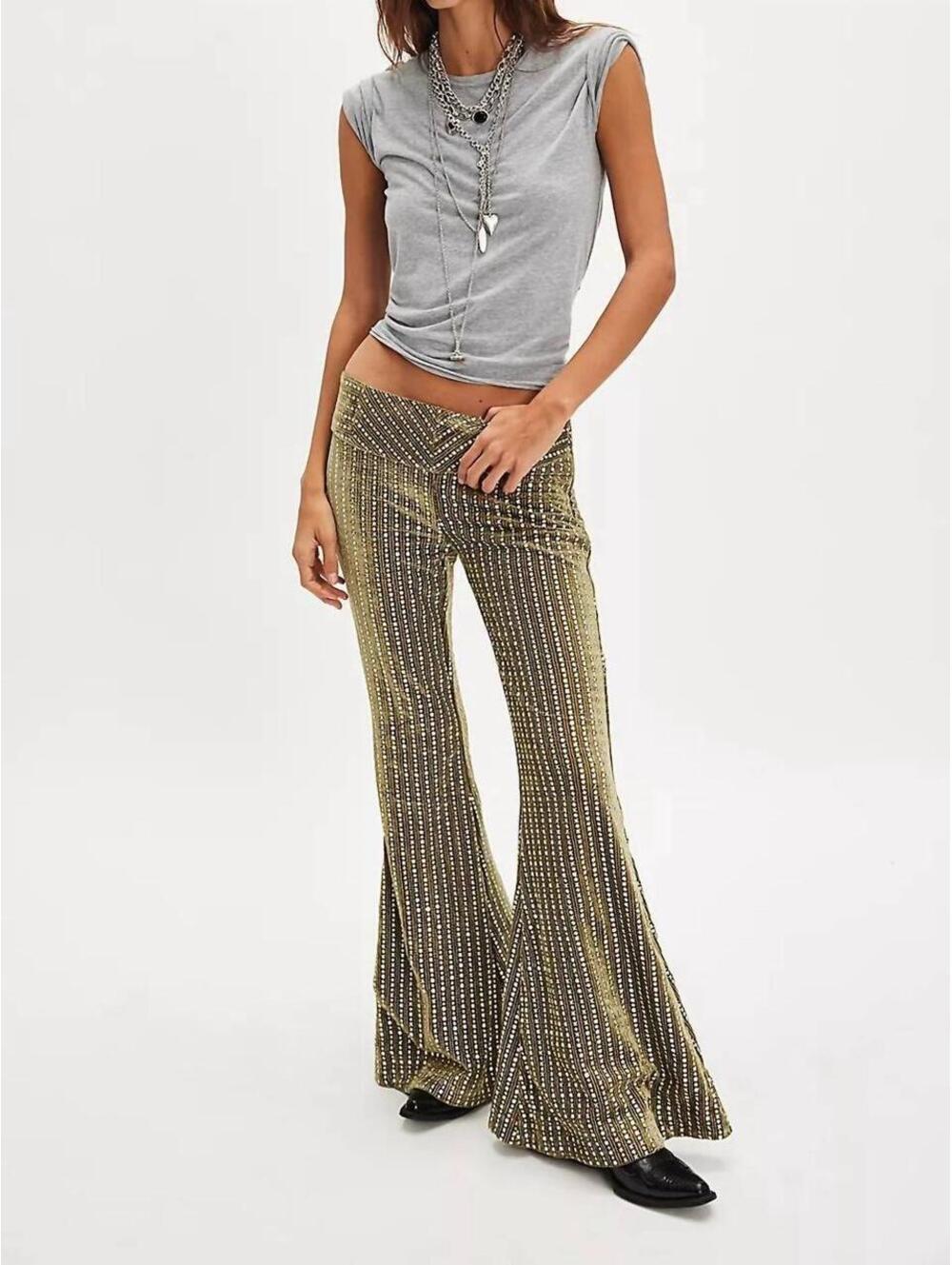 FREE PEOPLE GREEN Start Me Up Flare Velvet Pants